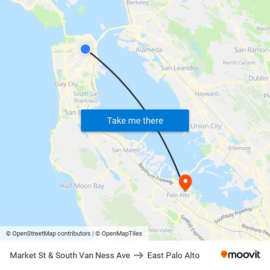 Market St & South Van Ness Ave to East Palo Alto map