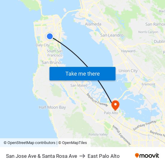 San Jose Ave & Santa Rosa Ave to East Palo Alto map