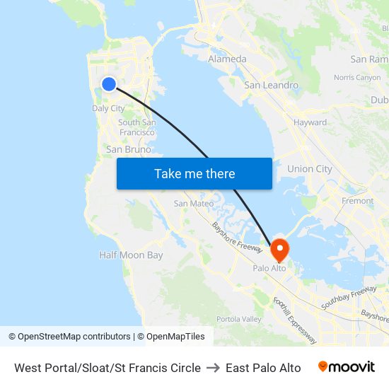 West Portal/Sloat/St Francis Circle to East Palo Alto map