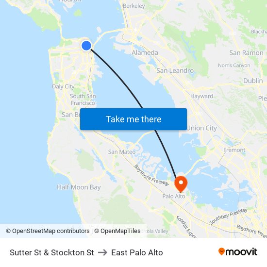 Sutter St & Stockton St to East Palo Alto map