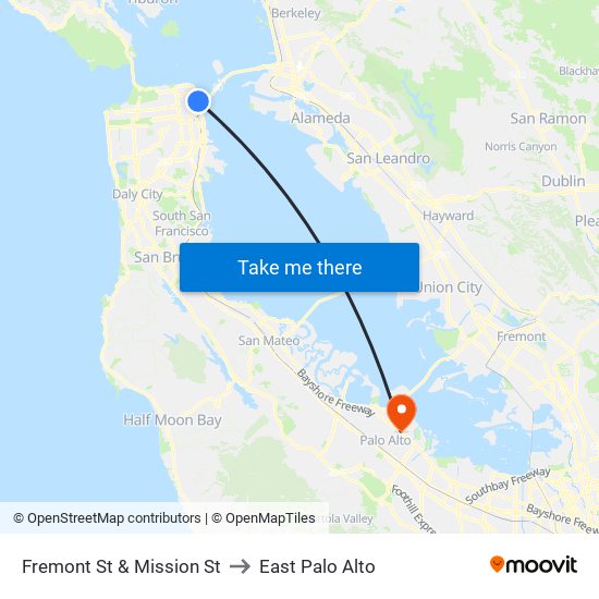 Fremont St & Mission St to East Palo Alto map