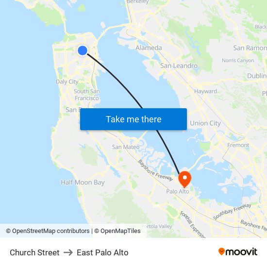 Church Street to East Palo Alto map