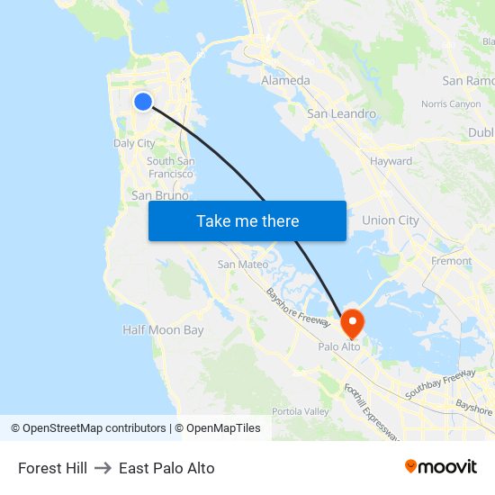 Forest Hill to East Palo Alto map