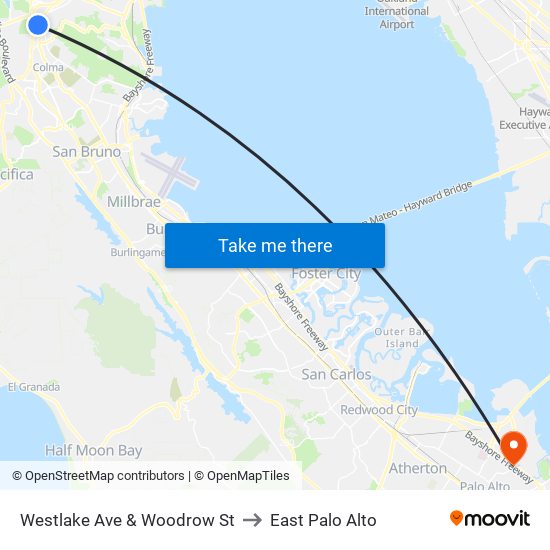 Westlake Ave & Woodrow St to East Palo Alto map