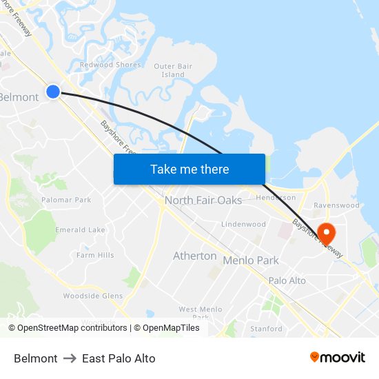 Belmont to East Palo Alto map