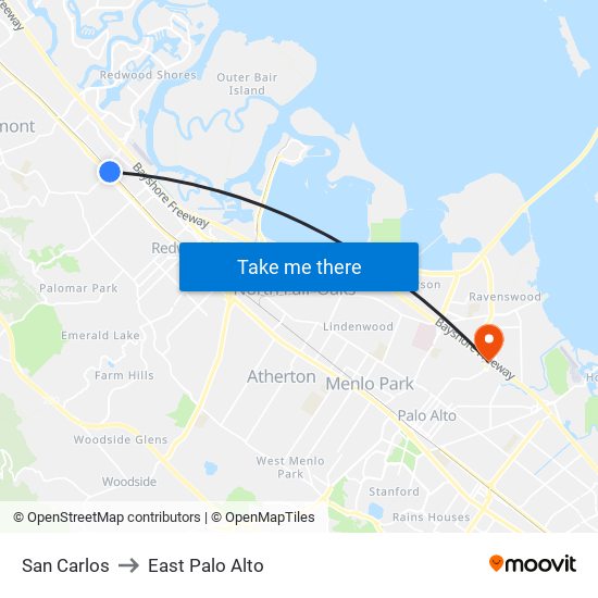 San Carlos to East Palo Alto map