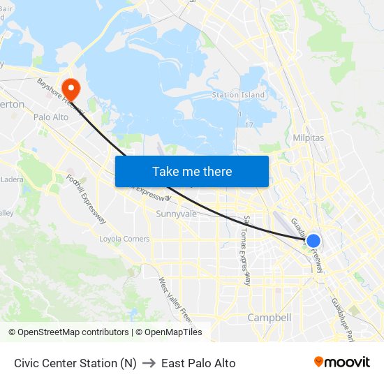 Civic Center Station (N) to East Palo Alto map