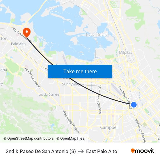 2nd & Paseo De San Antonio (S) to East Palo Alto map