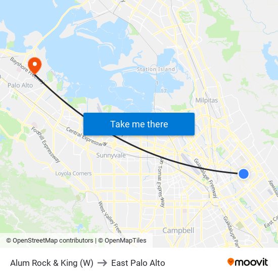 Alum Rock & King (W) to East Palo Alto map
