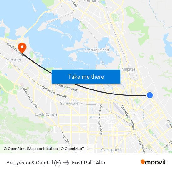 Berryessa & Capitol (E) to East Palo Alto map