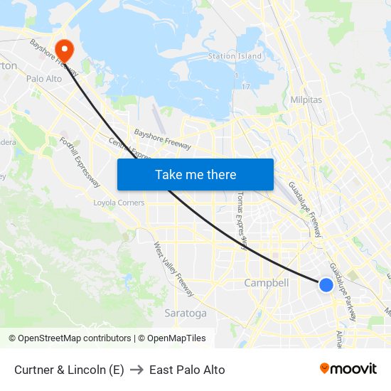 Curtner & Lincoln (E) to East Palo Alto map