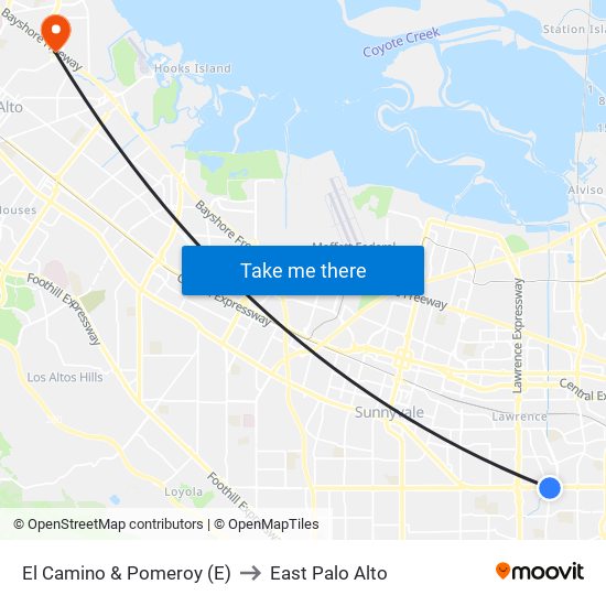 El Camino & Pomeroy (E) to East Palo Alto map
