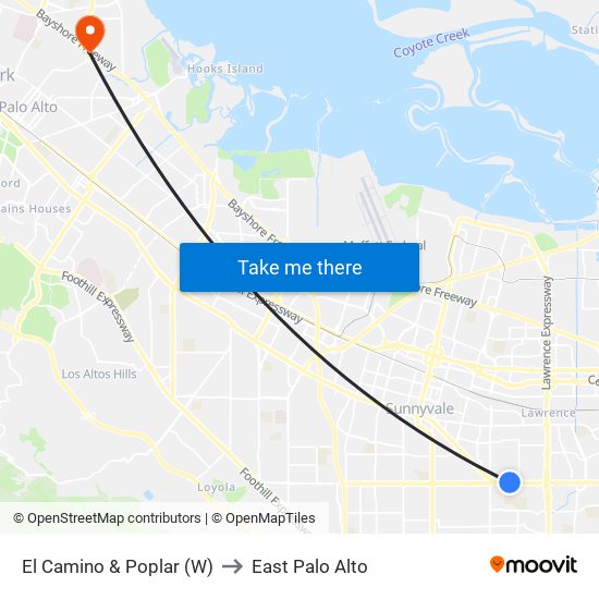 El Camino & Poplar (W) to East Palo Alto map