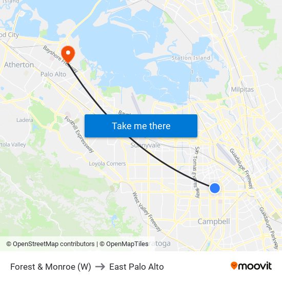 Forest & Monroe (W) to East Palo Alto map