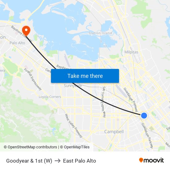 Goodyear & 1st (W) to East Palo Alto map