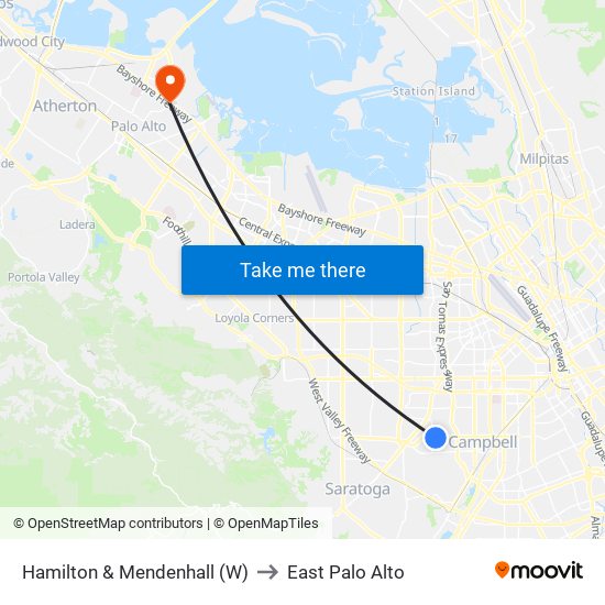 Hamilton & Mendenhall (W) to East Palo Alto map