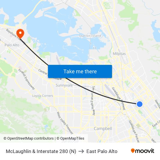 McLaughlin & Interstate 280 (N) to East Palo Alto map