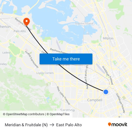 Meridian & Fruitdale (N) to East Palo Alto map