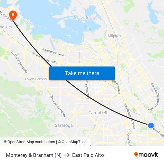 Monterey & Branham (N) to East Palo Alto map