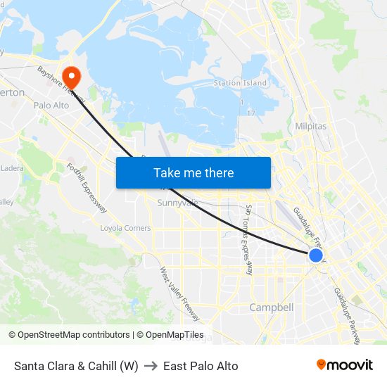 Santa Clara & Cahill (W) to East Palo Alto map