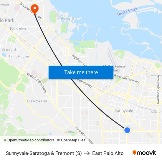 Sunnyvale-Saratoga & Fremont (S) to East Palo Alto map