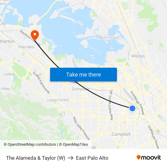 The Alameda & Taylor (W) to East Palo Alto map