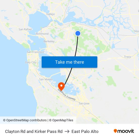 Clayton Rd and Kirker Pass Rd to East Palo Alto map