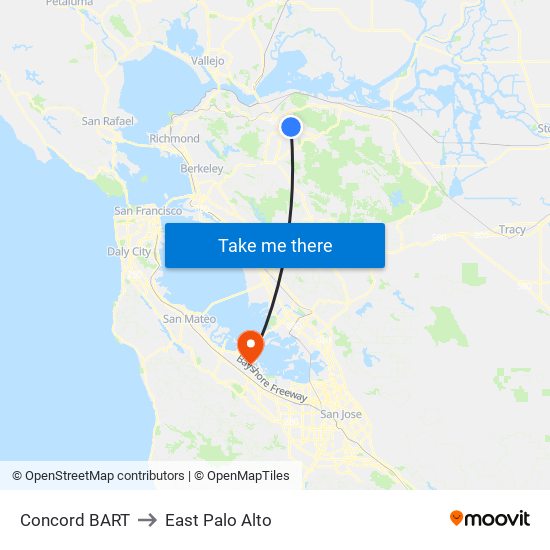 Concord BART to East Palo Alto map