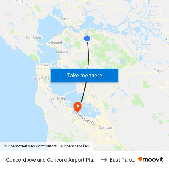 Concord Ave and Concord Airport Plaza Building A to East Palo Alto map