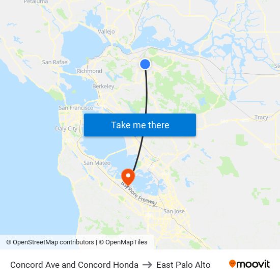 Concord Ave and Concord Honda to East Palo Alto map