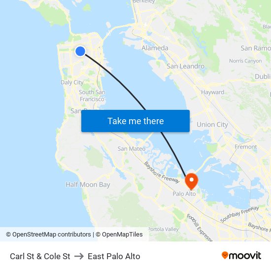 Carl St & Cole St to East Palo Alto map