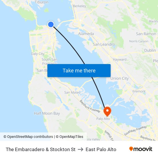 The Embarcadero & Stockton St to East Palo Alto map