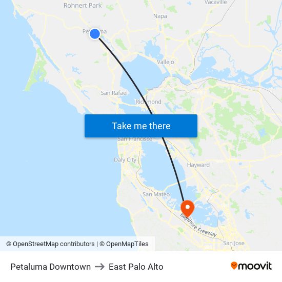 Petaluma Downtown to East Palo Alto map