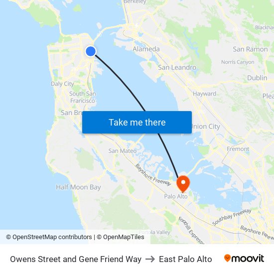 Owens Street and Gene Friend Way to East Palo Alto map