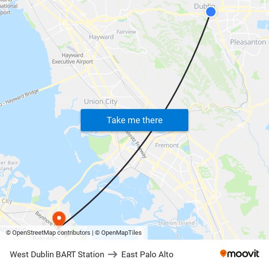 West Dublin BART Station to East Palo Alto map