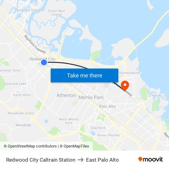Redwood City Caltrain Station to East Palo Alto map