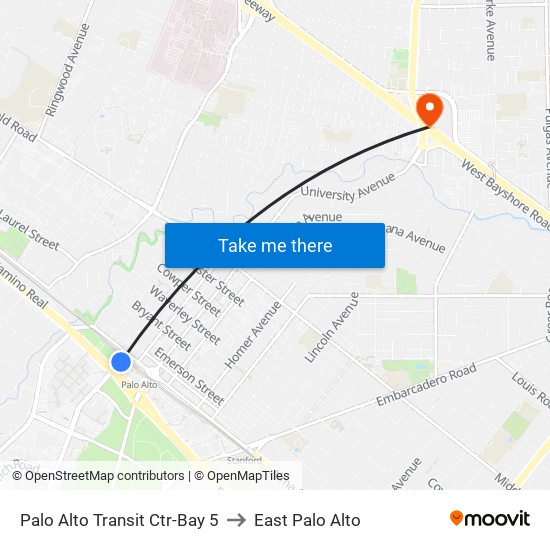 Palo Alto Transit Ctr-Bay 5 to East Palo Alto map