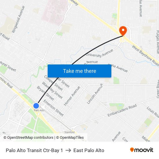 Palo Alto Transit Ctr-Bay 1 to East Palo Alto map