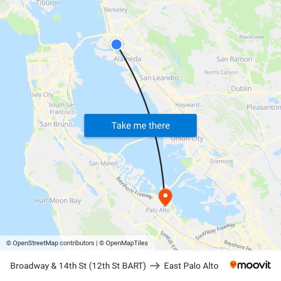 Broadway & 14th St (12th St BART) to East Palo Alto map