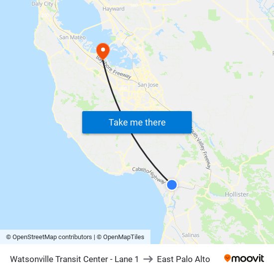 Watsonville Transit Center - Lane 1 to East Palo Alto map