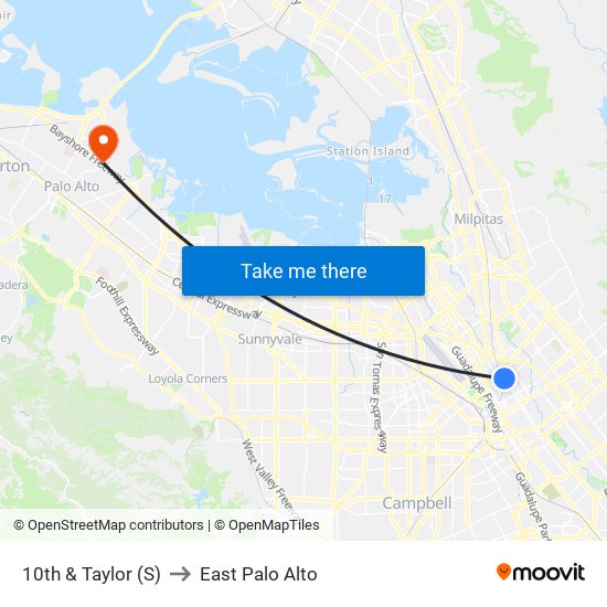 10th & Taylor (S) to East Palo Alto map