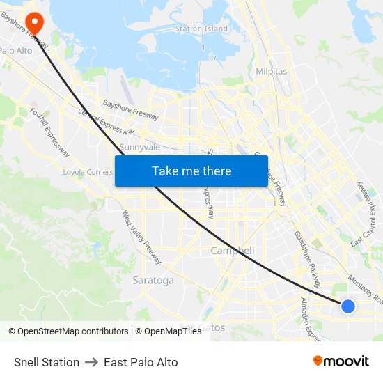 Snell Station to East Palo Alto map