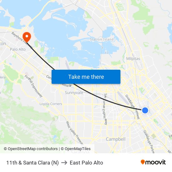 11th & Santa Clara (N) to East Palo Alto map