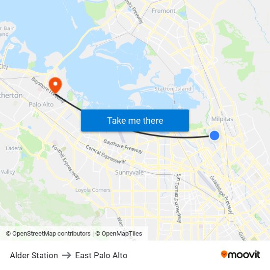 Alder Station to East Palo Alto map