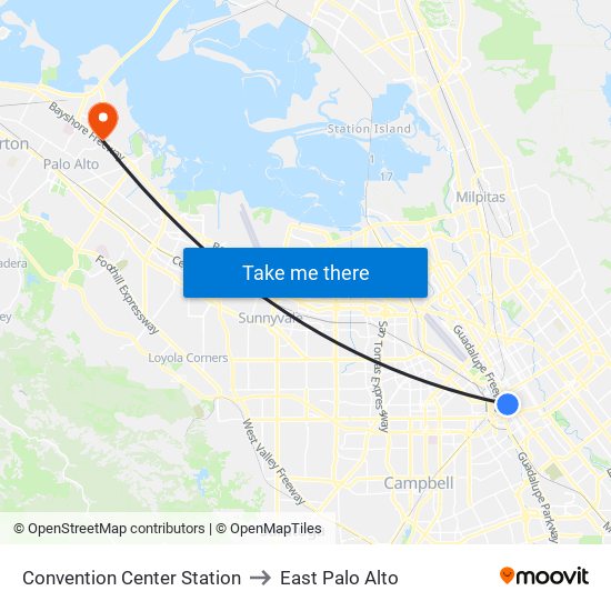 Convention Center Station to East Palo Alto map