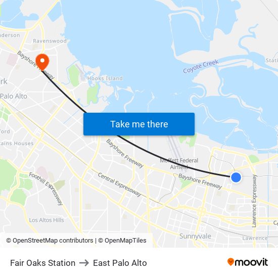 Fair Oaks Station to East Palo Alto map