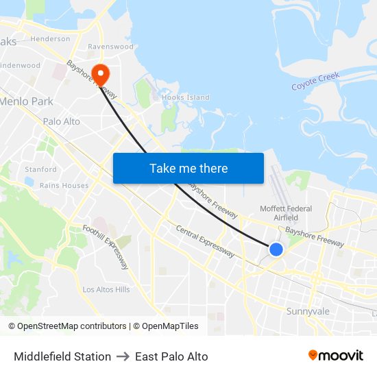 Middlefield Station to East Palo Alto map