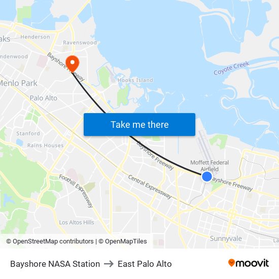 Bayshore NASA Station to East Palo Alto map