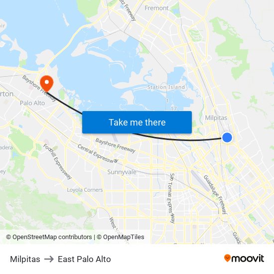 Milpitas to East Palo Alto map