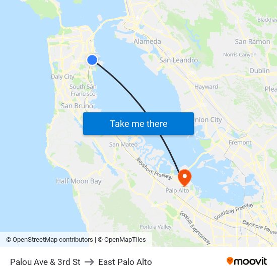 Palou Ave & 3rd St to East Palo Alto map